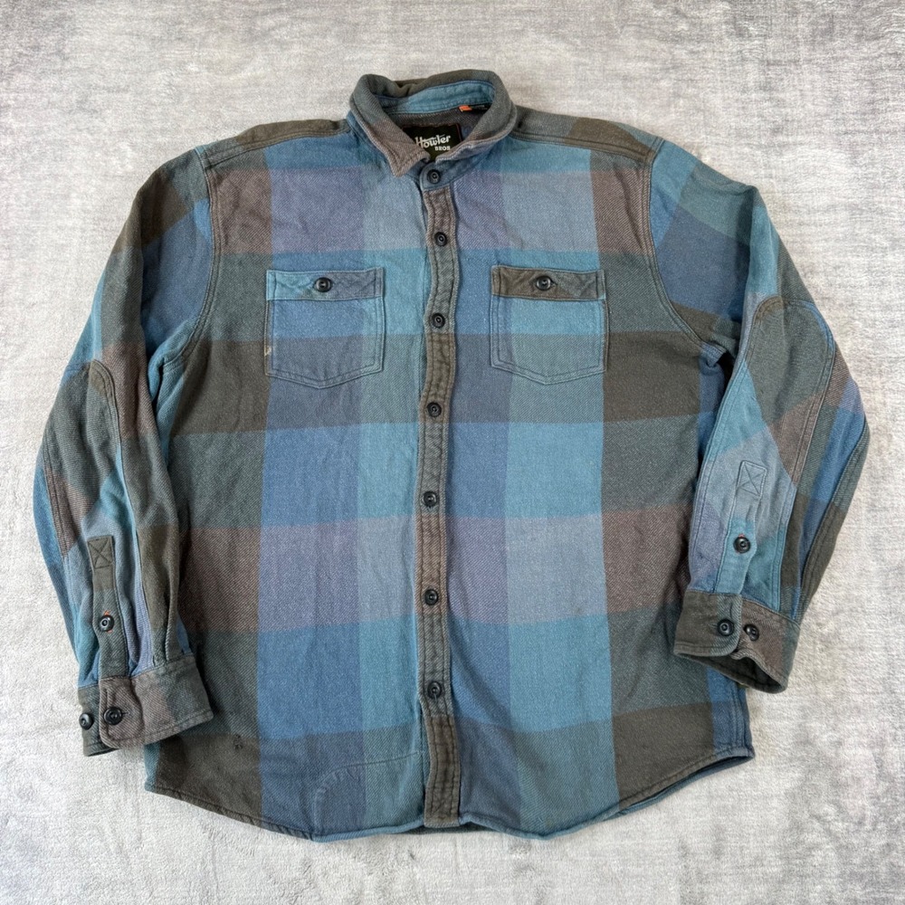 Howler Bros Shirt Mens Large Blue Flannel Plaid Elbow Patch Heavy Cotton Work